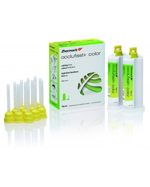 Occlufast+ Colour Thermochromic A-Silicone for bite registration - 2x50ml cartridges (base + catalyst) + 12 yellow mixing tips